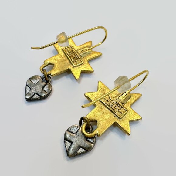 Heart Earrings, Cross, Mixed Metal Earrings, Vintage, Silver, Brass, Pierced - Picture 4 of 4